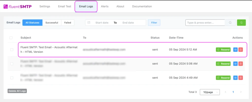 email log feature of fluentsmtp